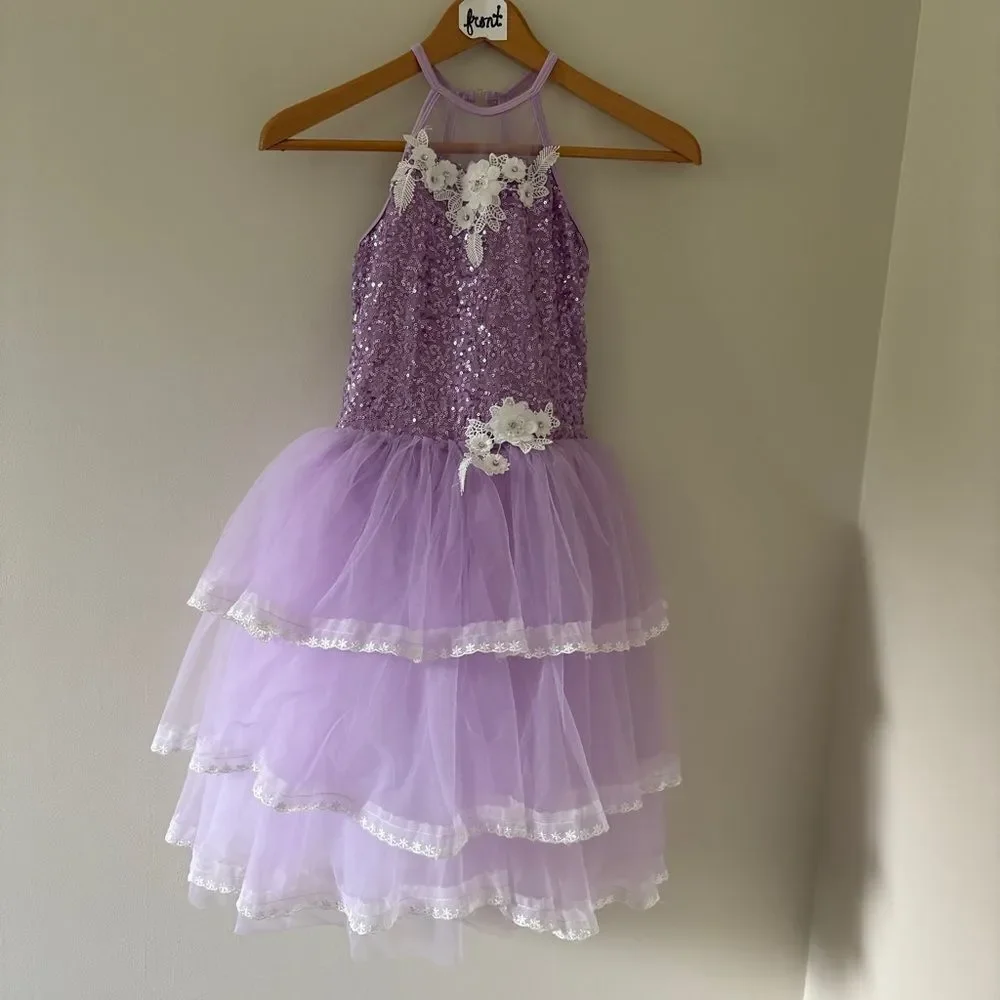 Lilac Purple Lavender Ballet Dance Costume Dress E2223 girls L sequins Tier Tutu
